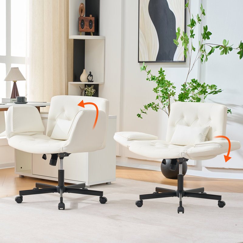 Criss Cross Chair with Armrests, Cross Legged Home Office Chair with Pillow, PU Leather Task Chair for Living Room, Bedroom, Game Room