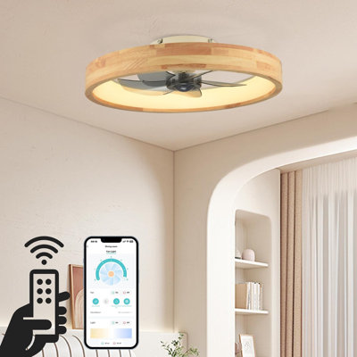 20in Low Profile Wooden Ceiling Fan with Light and Remote Control/App, Dimmable LED Timing