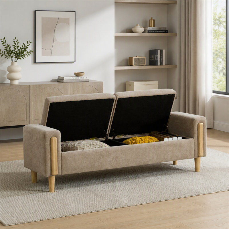Banc de rangement moderne rembourré avec double couvercle et accoudoirs pour une organisation polyvalente du salon, Greige