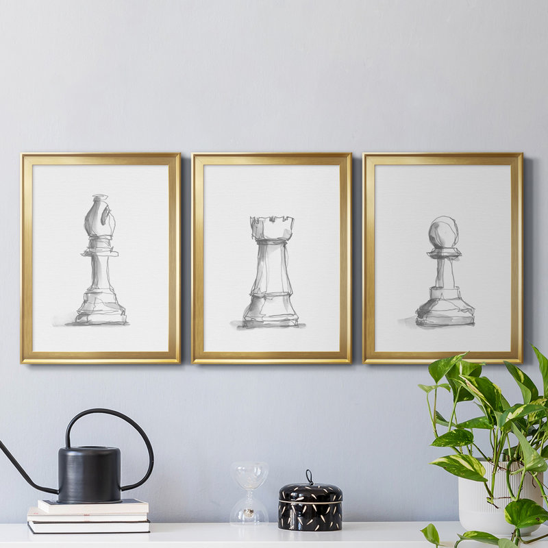 Chess Room Study IV, reproduction encadrée de qualité supérieure - prête à être accrochée, H 24,5 po x l 55,5 po x P 1 po, Or