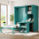 Lit escamotable mural rotatif avec bibliothèque, armoire supérieure, bureau extensible et rangement latéral