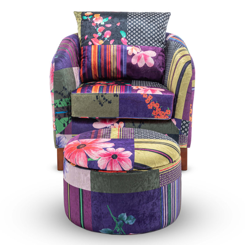 Charlston Upholstered Armchair with Footstool, Patchwork Multicoloured