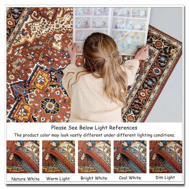 Ultra-Thin Washable 3X5 Oriental Area Rug Non-Slip Non-Shedding Stain-Resistant Low Pile Mat For Fall Decor Laundry Room Kitchen Bathroom