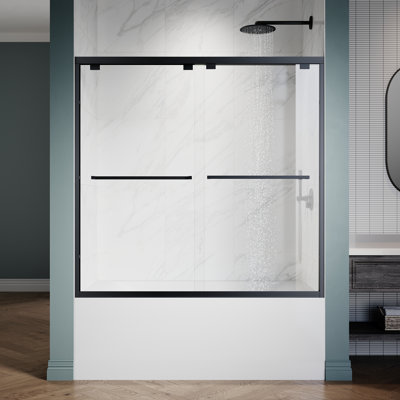 Elegant 60tub 60"w X 58"h Semi-frameless Bathtub Shower Doorwith 1/4" (6mm) Clear Tempered Glass In Matte Black