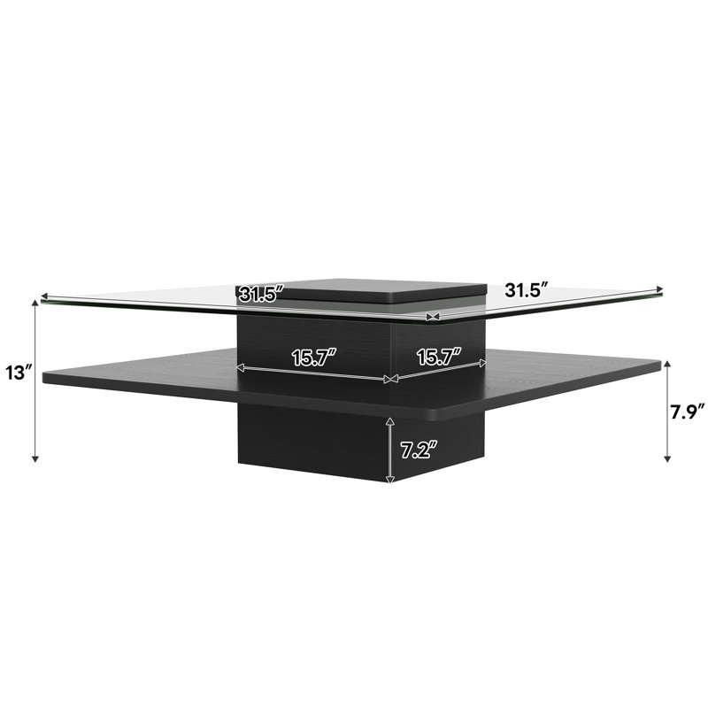 Table basse 31,5 "moderne carrée avec plateau en verre trempé transparent et base de rangement ouverte, Black