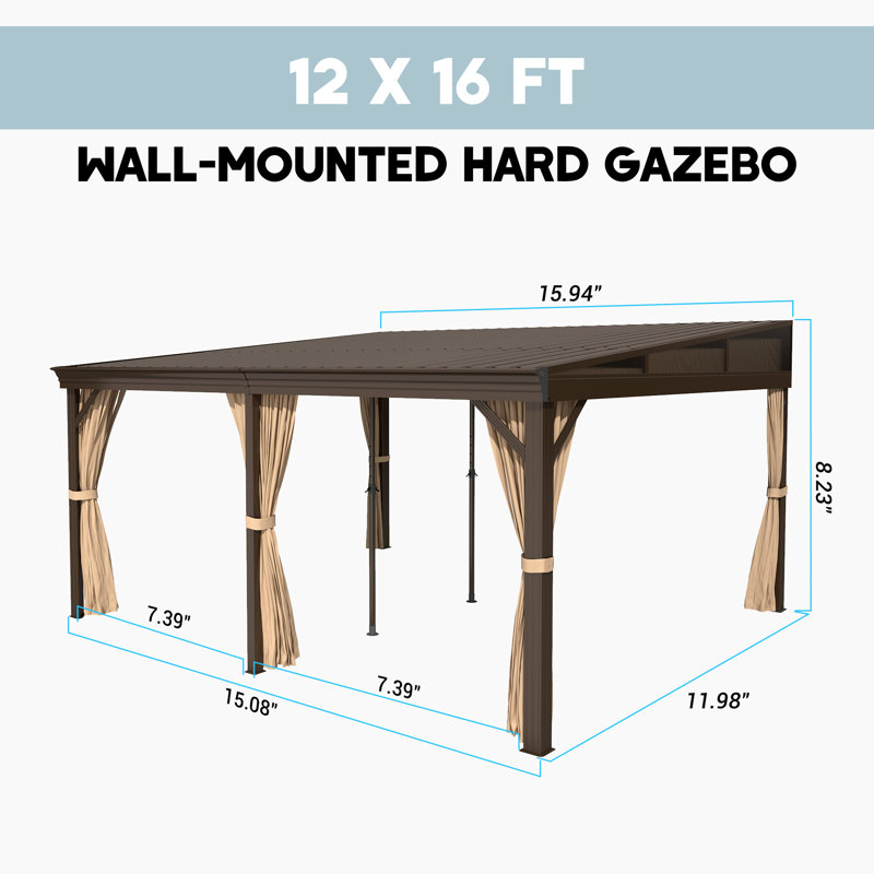 Pavillon de jardin rectangulaire en acier galvanisé à toit rigide incliné de 12 pi x 16 pi avec rideaux et filet