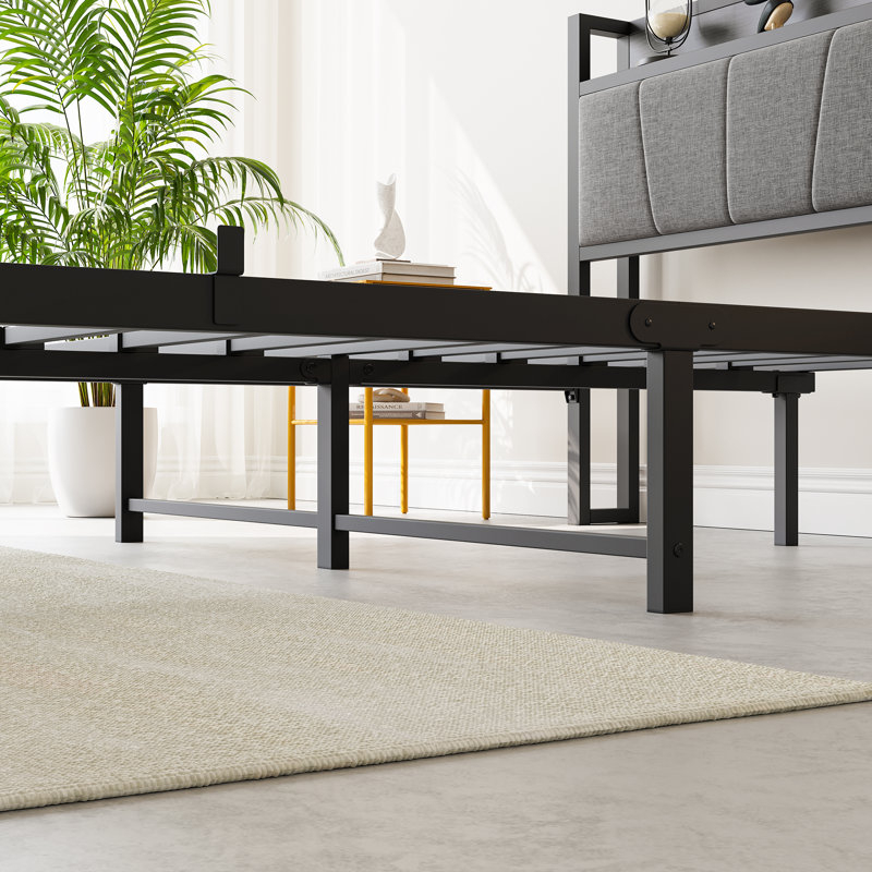 Lit plateforme en métal avec tête de lit de rangement et station de recharge, sans sommier, taille standard, noir., Full-1