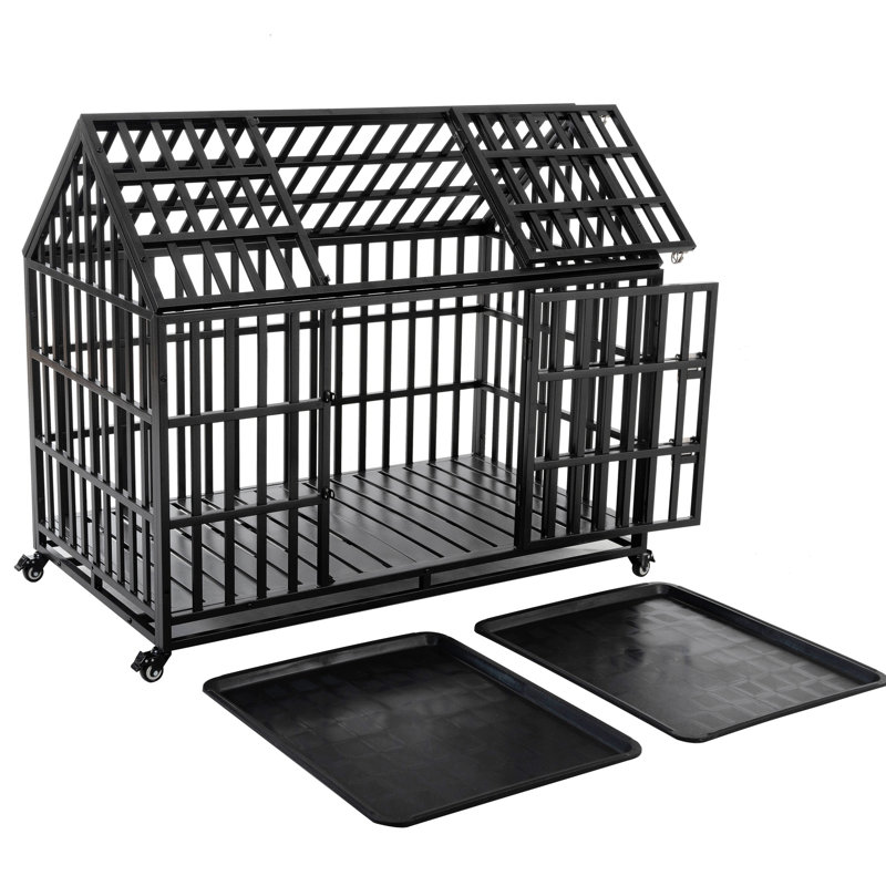 Cage pour chien de 52 po en métal robuste pour gros chiens - 4 roues verrouillables, finition, 2 bacs à vaisselle en plastique, entrée à l'avant et sur le toit, grand assemblage facile avec structure à roulettes, revêtement antirouille,