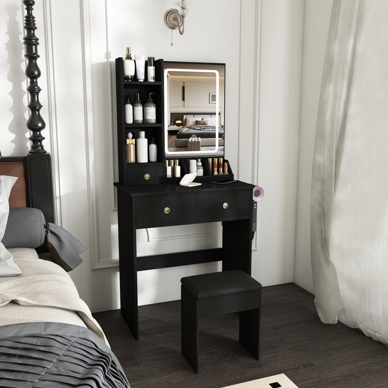 Ensemble de coiffeuse à maquillage compact avec lumières à DEL, tiroirs et fauteuil à coiffer, Noir