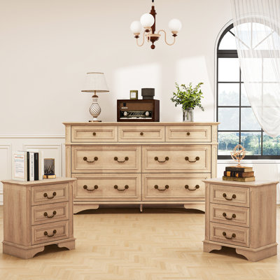 Ensemble de chambre à coucher 3 pièces - commode 7 tiroirs et 2 tables de chevet
