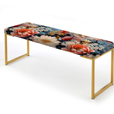Fleurs multicolores sur bleu Grace - Banc rembourré floral doré