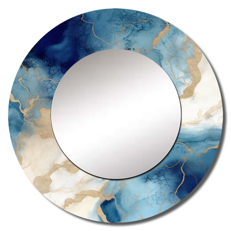 Nuage de marbre bleu et doré - fractales, miroir mural rond bleu, impression sur métal, 36 po x 36 po