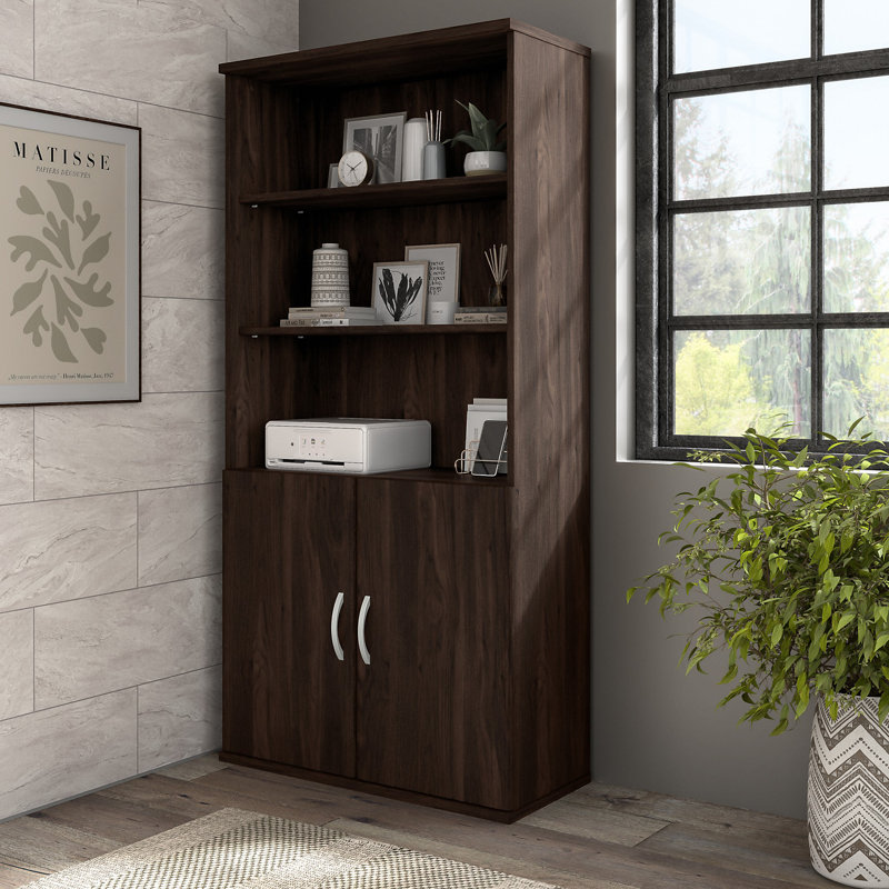 Bibliothèque hybride haute à 5 tablettes avec portes, Noyer noir
