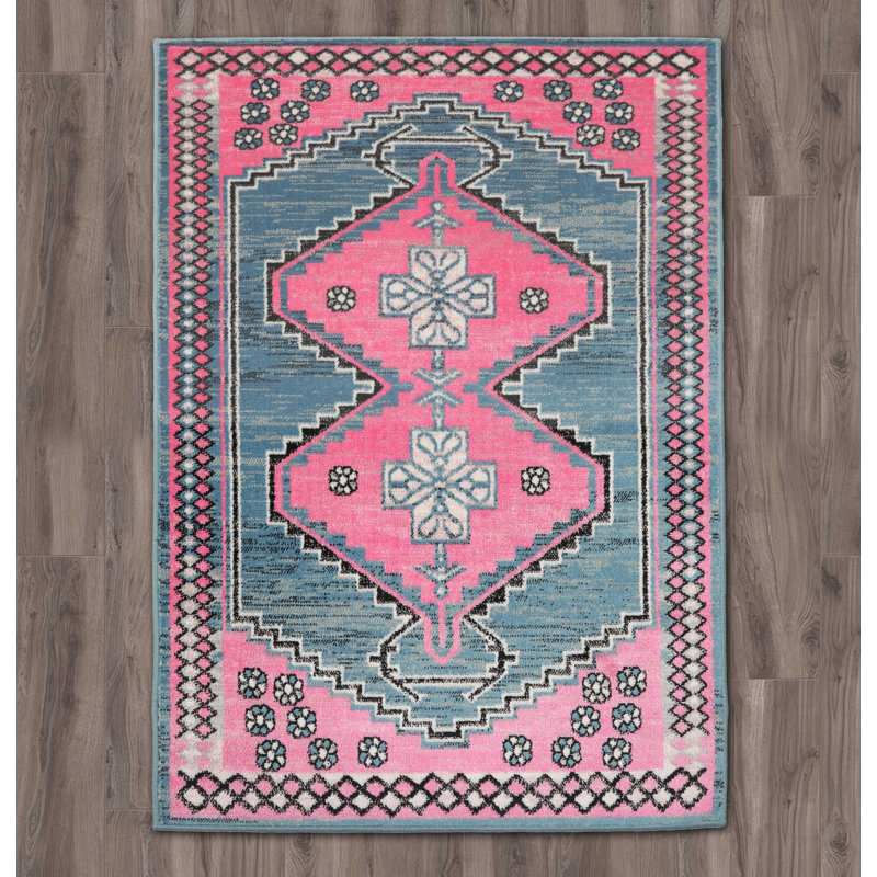 Tapis rose Southwestern, Rectangle de 7 pi 6 po x 9 pi 6 po