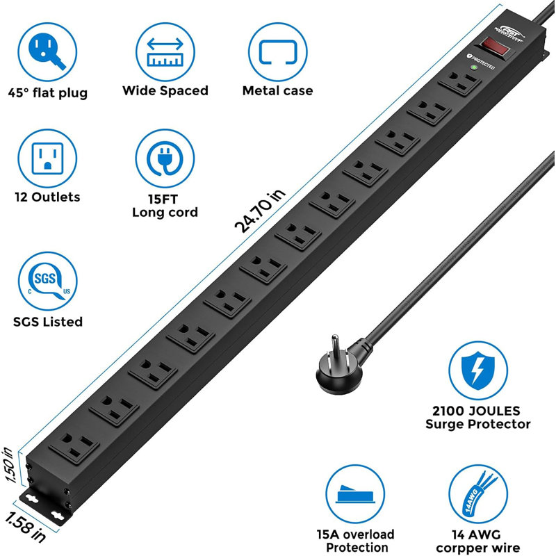Barre d'alimentation industrielle CRST Long, 15 pi, Black