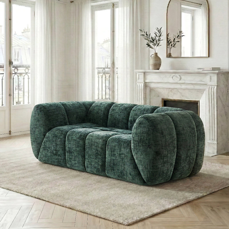 Canapé moderne en chenille avec siège à carreaux matelassé et canapé 2 places en mousse profonde, Vert, 2