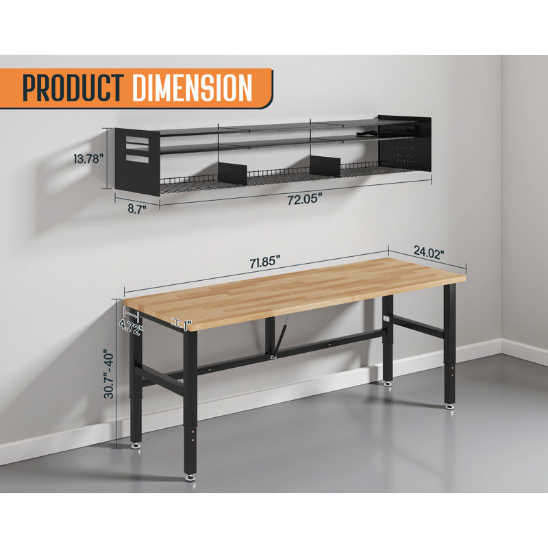Établi pliable de l 72 po x P 24 po avec support à outils mural, hauteur réglable de 30,7 po à 40 po, prises et crochets, capacité de 1 870 lb pour le garage, l'atelier et le bureau