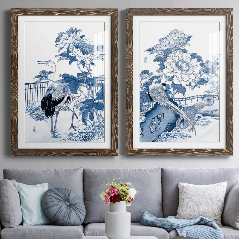«Blue and White Asian Garden I», ensemble de 2 cadres photo, Papier, cadre noyer, H 31,5 po x l 43,5 po x P 1 po, Blanc