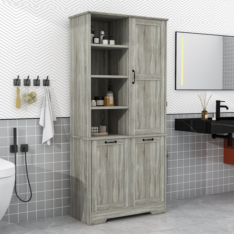 Armoire de rangement multifonctionnelle avec tablettes réglables et paniers à linge inclinables, Chêne