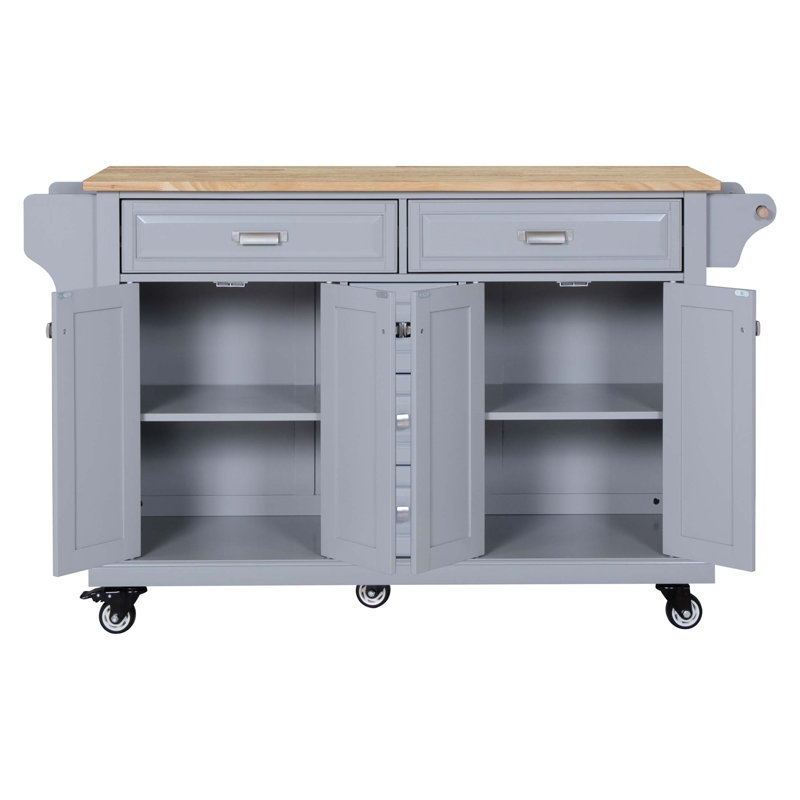 Durable Kitchen Island With Rubber Wood Countertop, 5-Wheel Mobility, And Ample Storage For Enhanced Cooking Experience, Gray