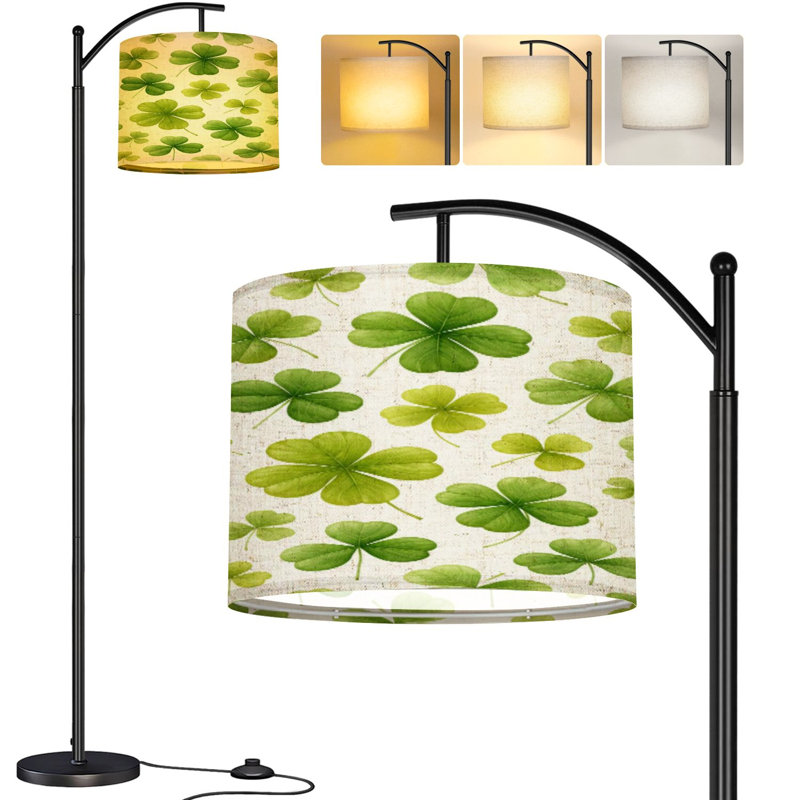  Arc Floor Lamp Green Shamrock Leaf Various Shades Green Cream Tall Modern Standing Lamp LED Adjustable Linen Lampshade 3 Color Temperatures