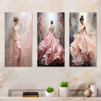 Pink And White Woman Ballet Solitude I - Ballet Dancer Metal Wall Art Set Of 3