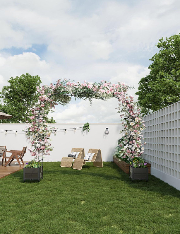 Garden Arch Trellis with Planter Box, Heavy Duty Metal Arbor for Climbing Plants & Wedding Decor, 94.5" H x 86.6" W x 15.7" D
