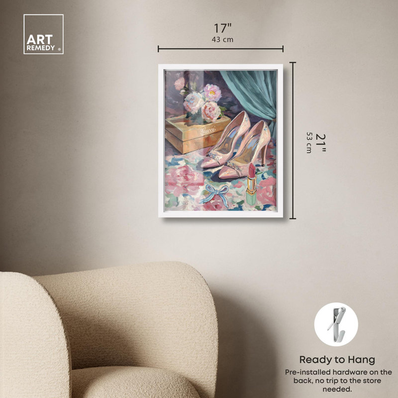 «Pink Heels Shadowbox Print» par Art Remedy, H 21 po x l 17 po, Blanc