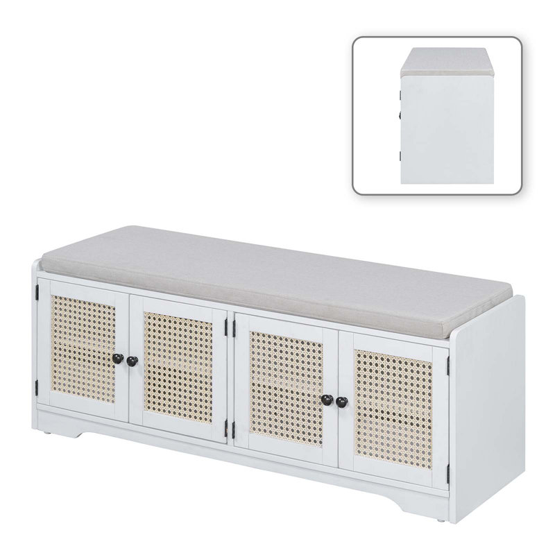 Farmhouse Rattan Door Storage Bench with Cushioned Seat, Adjustable Shelves, Multifunctional Wood Shoe Bench for Entryway, Hallway and Living Room
