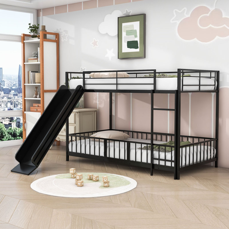 Twin Over Twin Metal Bunk Bed With Slide, Convertible Loft Design And Safety Guardrail, Black