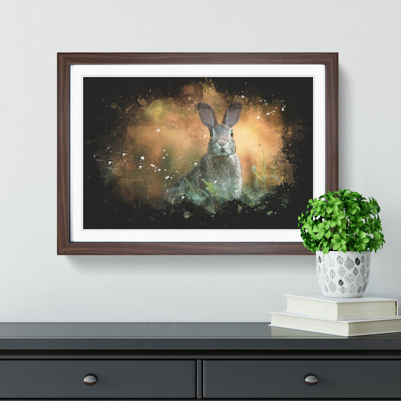 Hare in a Meadow - Picture Frame Graphic Art Print, Walnut Framed, 24cm H x 33cm W x 2cm D