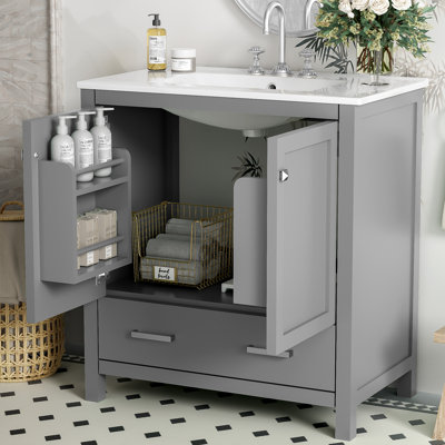 Meuble-lavabo de 30 po gris. Lavabo simple avec mécanisme de fermeture en douceur. Armoire de rangement à 2 portes et 1 tiroir. Armoire en bois massif gris, évier, efficacité de travail