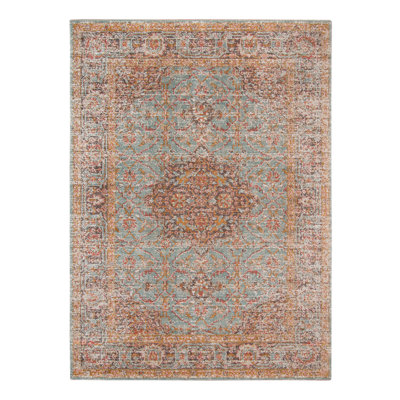 7' X 9' Teal Red And Orange Medallion Area Rug