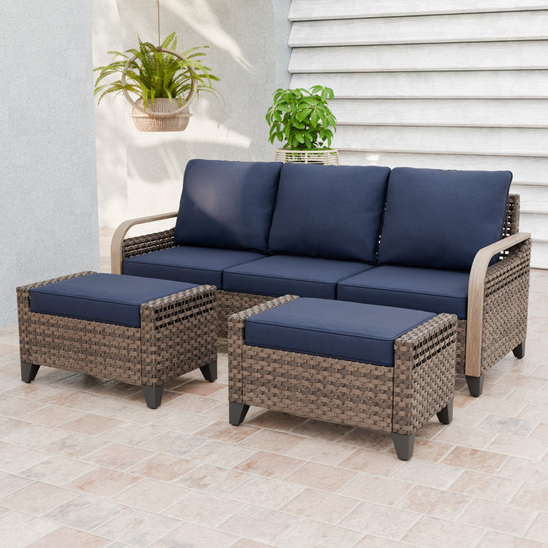 Outdoor Couch Wicker Patio Sofa - 3-Seat Patio Sofa with Cushions and Ottomans, Dark Blue