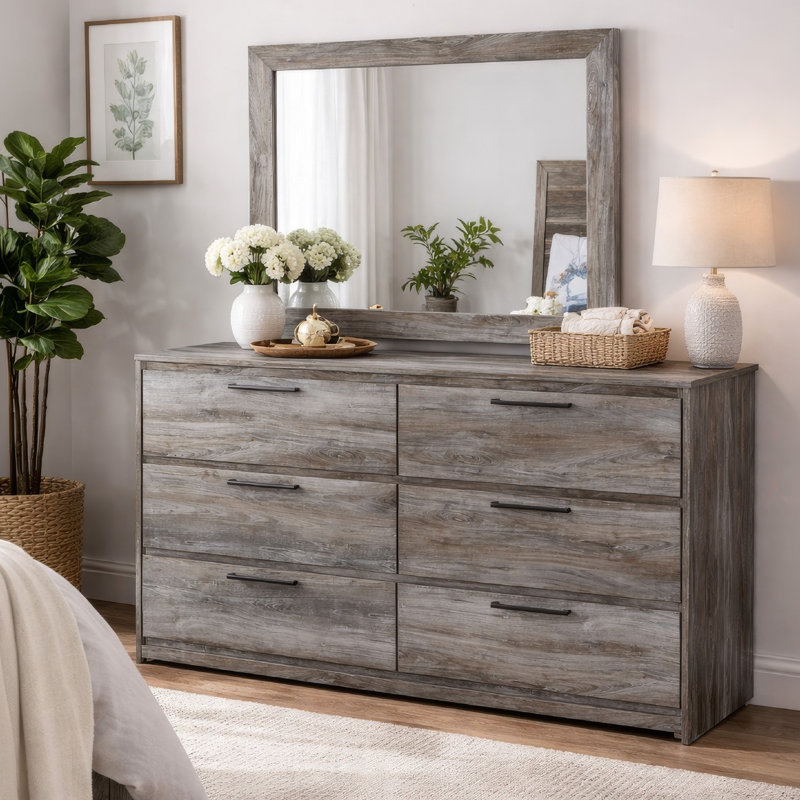 Bays 2Pc Dresser And Mirror Set, 6 Drawers, Charcoal Handles, Gray