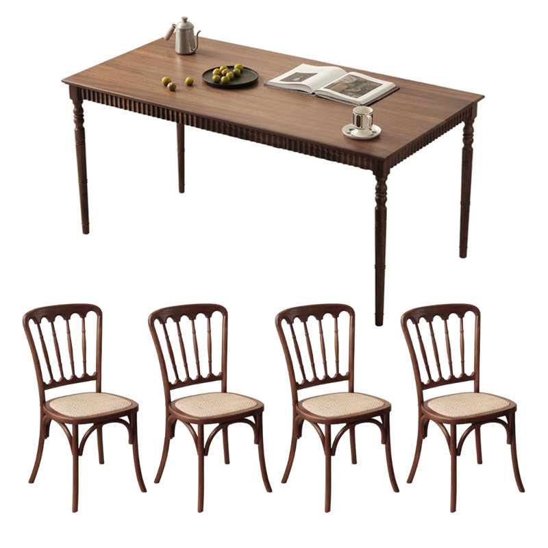 Vintage Brown Teak Rectangular Dining Table Set, 29.52"H x 55.11"L x 31.49"W