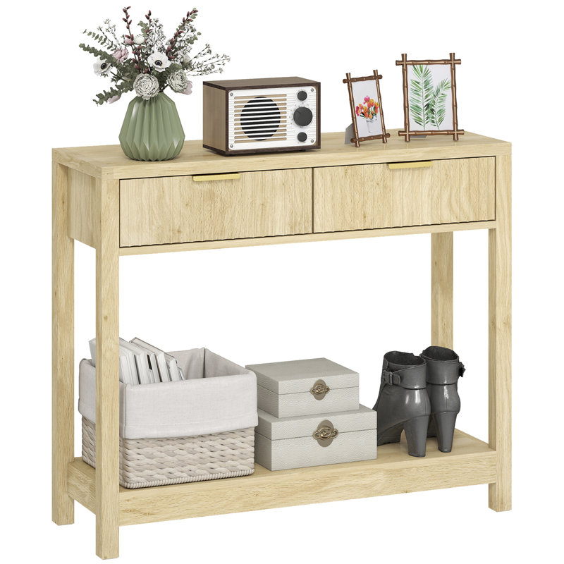 35" Modern Console Table with Storage, Narrow Entryway Table with Fluted Panel Drawers and Shelf for Hallway, Living Room, Natural Wood