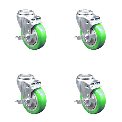 4 Inch Green Polyurethane Wheel Swivel Bolt Hole Caster Set with Brake SCC -  Service Caster, SCC-BH20S414-PPUB-GRN-TLB-4