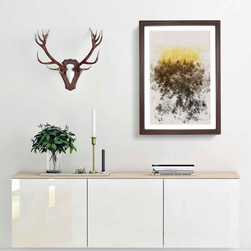 Yellow Sunrise over the Forest - Picture Frame Graphic Art Print, 33cm H x 24cm W x 2cm D, Walnut Framed