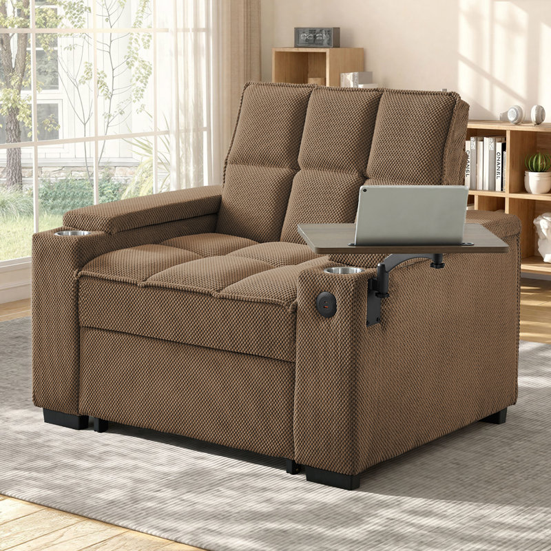 Chaise Lounge Chair Convertible Single Sleeper Chair with USB&Type-C, 2 Cup Holders, Side Table, Under-seat Storage&Storage Armrests