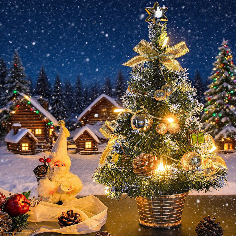 Petit arbre de Noël de 45 cm avec lumières, mini arbre de décoration de bureau avec sommet d'arbre en forme d'étoile, boules, arcs, pommes de pin pour bureau à domicile, bar, décorations de Noël