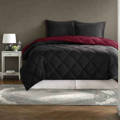Reversible 3-piece Bedding Sets, Hypoallergenic Microfiber, Diamond Quilted Comforter, Red And Black For Home Use