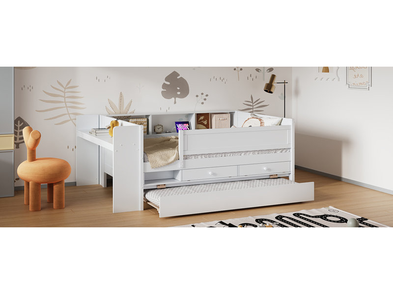 Multi-Functional Twin Daybed With Drawers And Trundle,  Headboard Storage And Tables, USB Charging Station, White