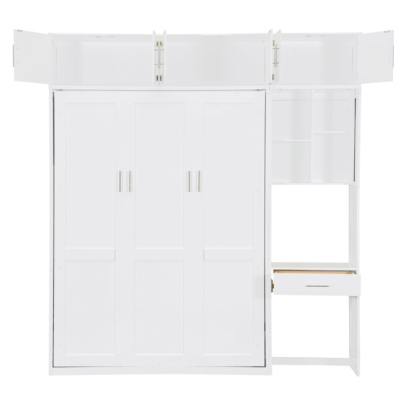 Lit escamotable mural avec bureau, armoire supérieure et tablettes de rangement, lit pliable peu encombrant, Lit double