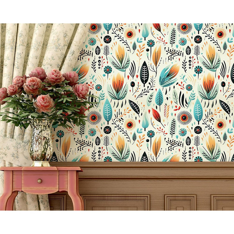 Papier peint adhésif multicolore feuilles, fleurs et feuilles, style botanique 16 po x 128 po