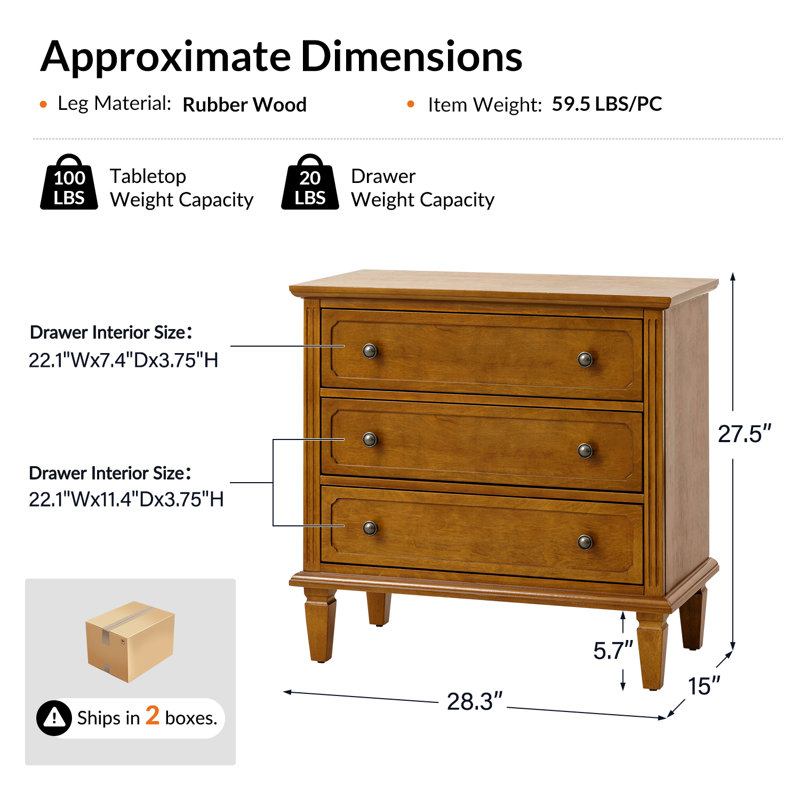 Table de bout transitionnelle à 3 tiroirs de 28,3 po avec prise intégrée et pieds en bois massif Amberlyn (ensemble de 2)