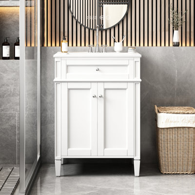 Meuble-lavabo 24 po, 2 portes, tiroir coulissant, glissières coulissantes et meuble-lavabo en céramique 24 po avec finition blanche, deux portes, solutions de rangement pour espaces
