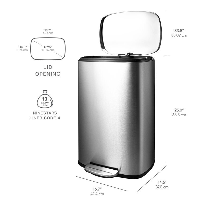 13.2 Gallon Stainless Steel Step-On Trash Can with Soft-Close Lid