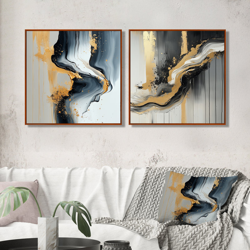 «Black I» et «Gold Ink River I» - Formes abstraites - Art mural moderne, ensemble de 2 pièces, H 16 po x l 33 po, Brun
