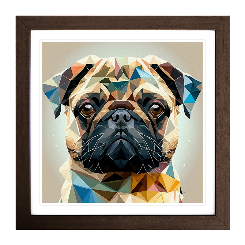 Pug Geometric - Single Picture Frame Print on Wood, Walnut